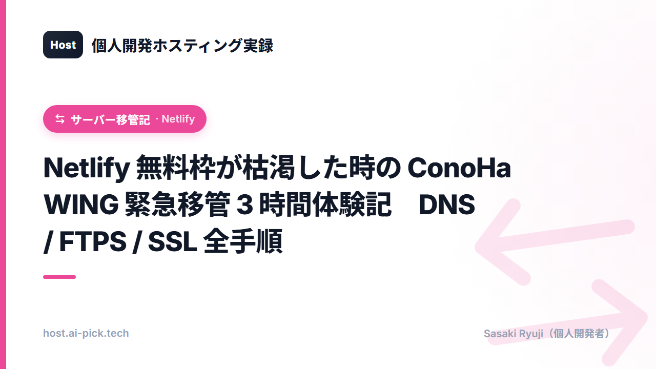 Netlify 無料枠が枯渇した時の ConoHa WING 緊急移管 3 時間体験記 — DNS / FTPS / SSL 全手順